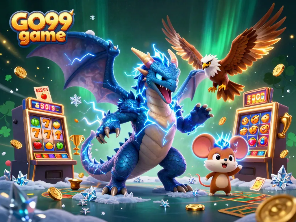 Experience the vibrant action of GO99 game with dynamic slot machines and thrilling characters in a captivating illustration.