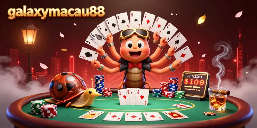 Experience the thrilling action of galaxymacau88 with a whimsical 3D casino scene featuring a unique dealer and players.