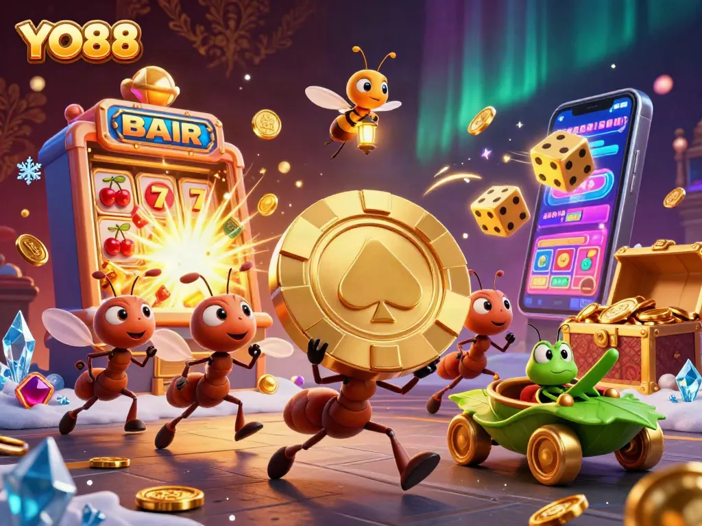 Experience YO88 thrills with ants winning a jackpot in a colorful casino heist scene.