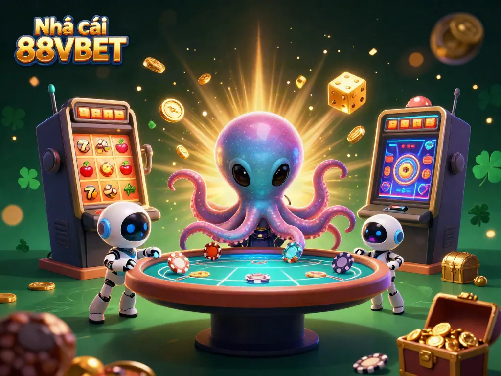 Experience excitement with Nhà cái 88VBET in a vibrant 3D casino scene filled with jackpots and aliens.