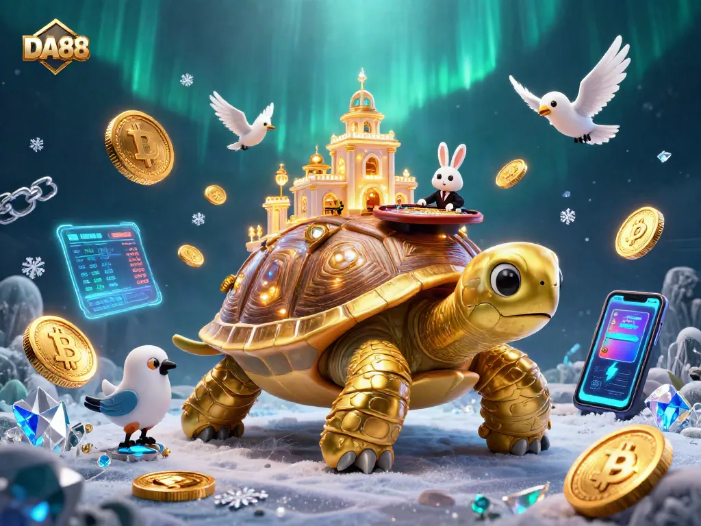 Experience the excitement of DA88 with a dynamic casino scene featuring a golden tortoise and crypto coins.