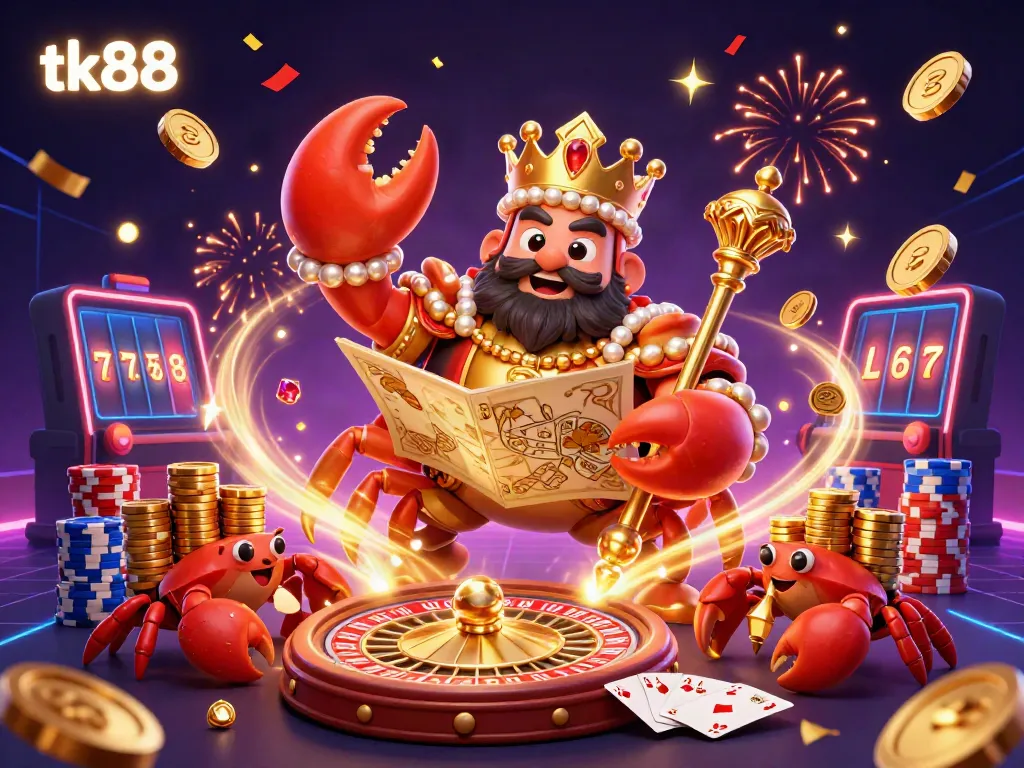 Engage in excitement with tk88 as a golden crab emperor rules a treasure-filled casino scene.