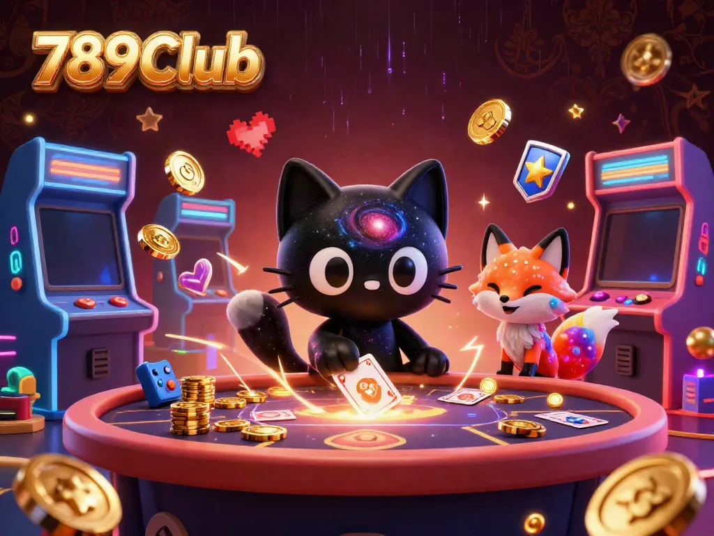 Experience the thrill of 789Club as a cosmic cat pulls in winnings at a vibrant casino table.