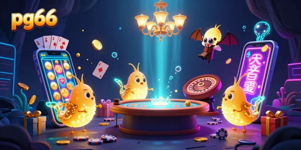 Experience the vibrant pg66 casino scene with glowworms illuminating the table and games.