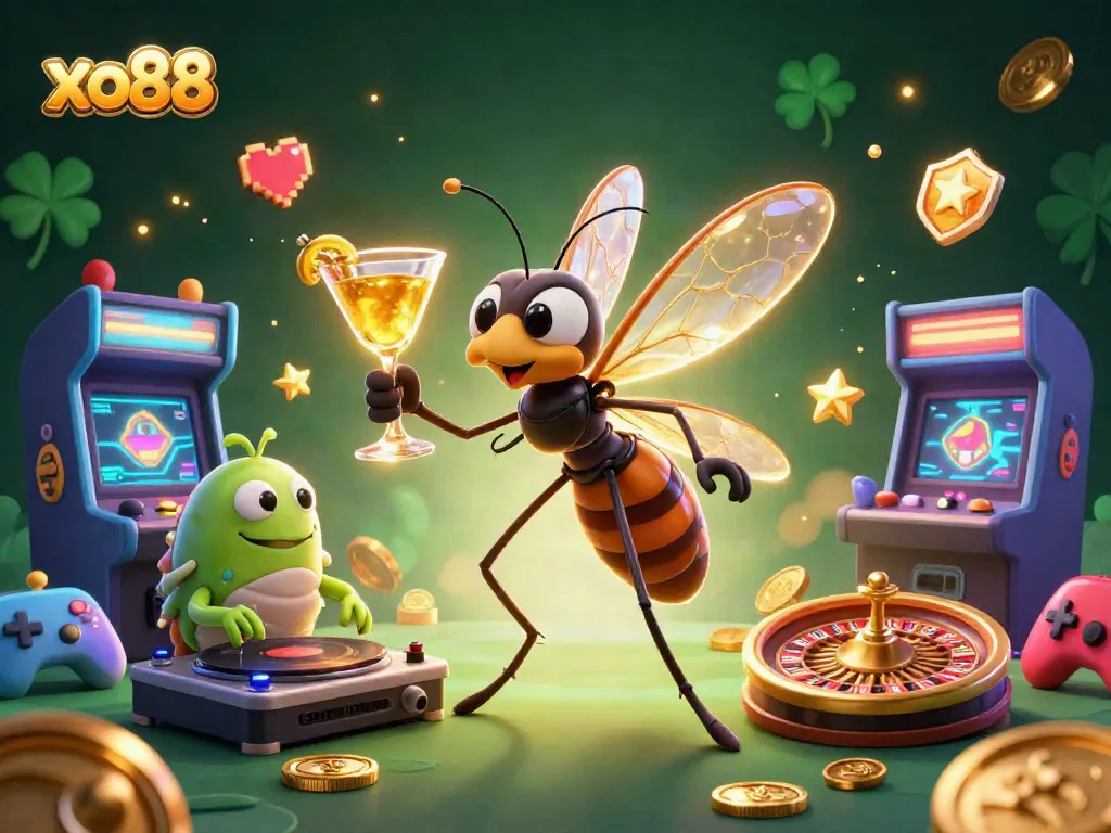 Experience the lively atmosphere of xo88 with a vibrant casino scene featuring iconic gaming elements.
