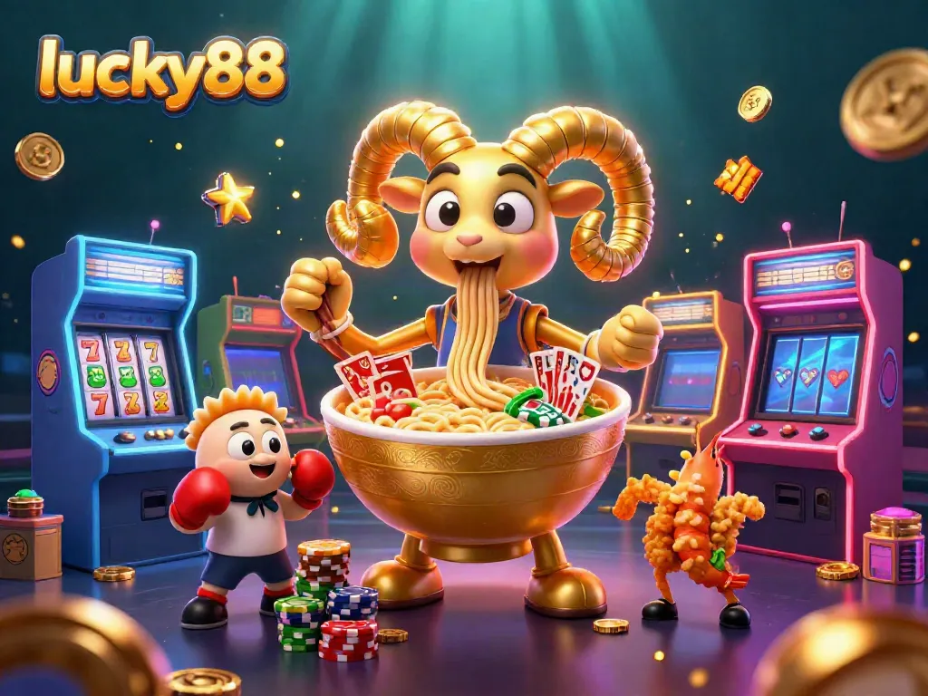 Win big at lucky88 with a vibrant 3D casino scene featuring playful characters and dynamic game elements.